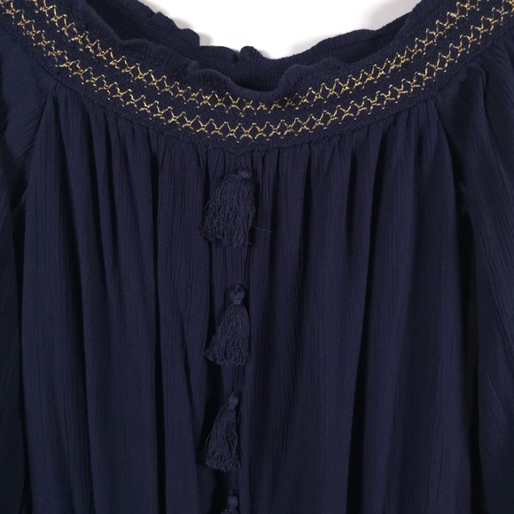 Lilly Pulitzer Joelle Off Shoulder True Navy Gold Gauze Mini Dress Fringe MEDIUM - Picture 9 of 16